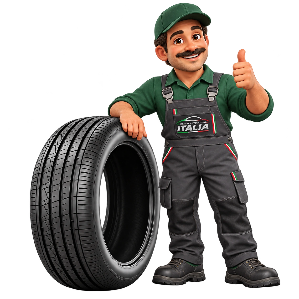 Mascote mecânico da Itália Centro Automotivo, com logo no uniforme, fazendo joinha ao lado de um pneu
